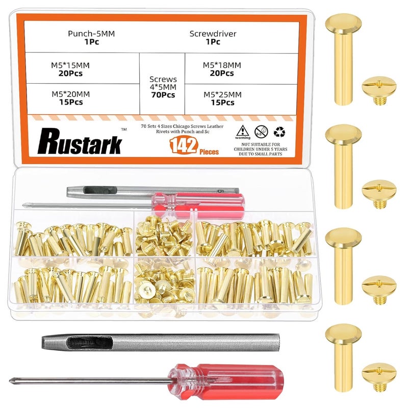 Rustark 142Pcs 4 Sizes Gold Chicago Screws Leather Rivets Assortment Kit with Setting Tools M5 Assorted Screws Rivets Metal Chicago Binding Screw for Leather Craft Belts Bags - Image 1